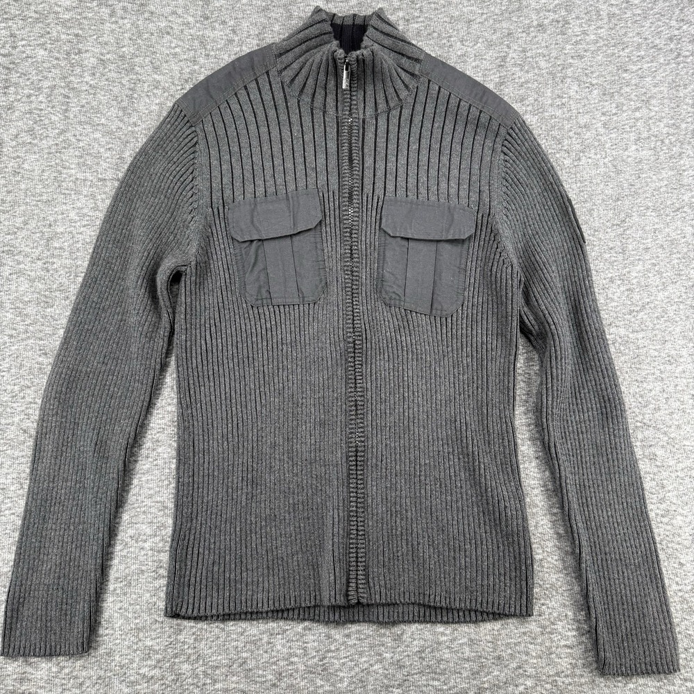 Calvin Klein Jeans Ribbed Full Zip Sweater Mens Large Gray Chest Pockets Utility